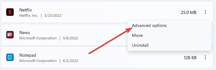 Параметры приложения Netflix в списке приложений