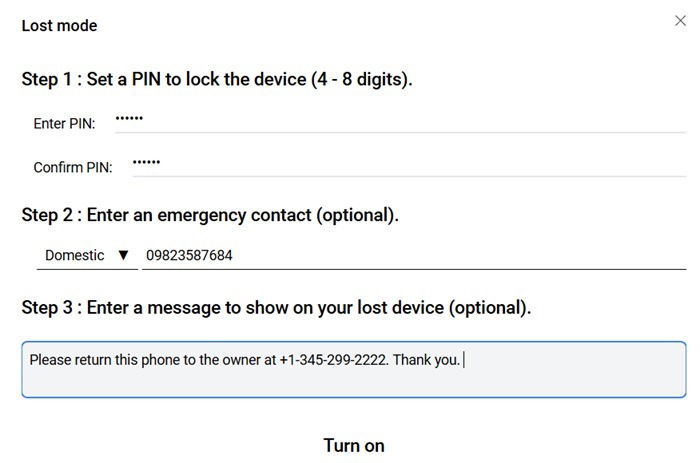 Добавление PIN и другой информации для блокировки Samsung‑телефона на сайте SmartThings Find