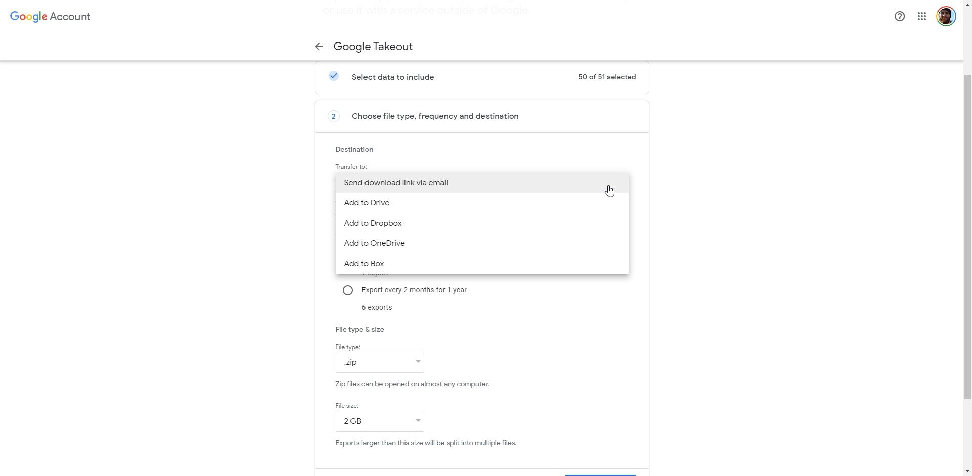 Опции формата и доставки резервной копии в Google Takeout