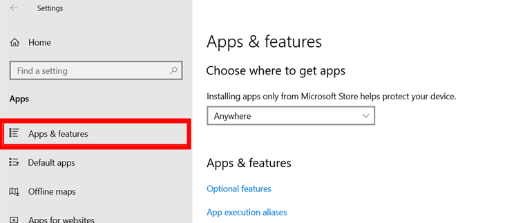 Список приложений в Параметрах Windows