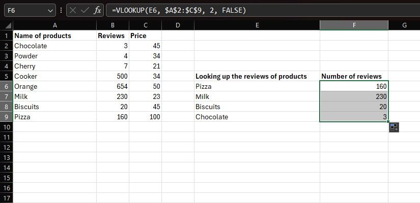Автозаполнение формулы VLOOKUP для нескольких ячеек