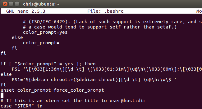 Изображение: редактирование .bashrc и сохранение нового PS1