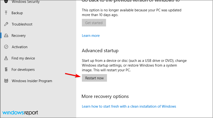 Кнопка Перезагрузить сейчас в дополнительных параметрах восстановления