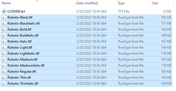 Выделите все варианты шрифта.