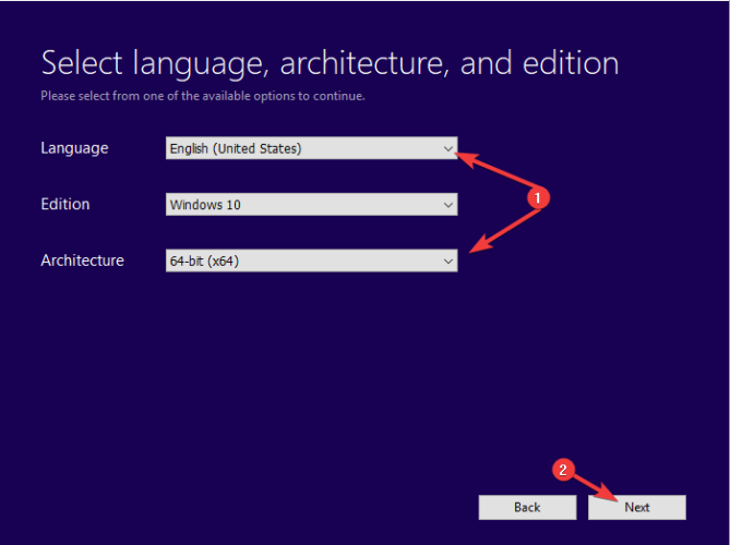 Выбор языка и архитектуры в Media Creation Tool