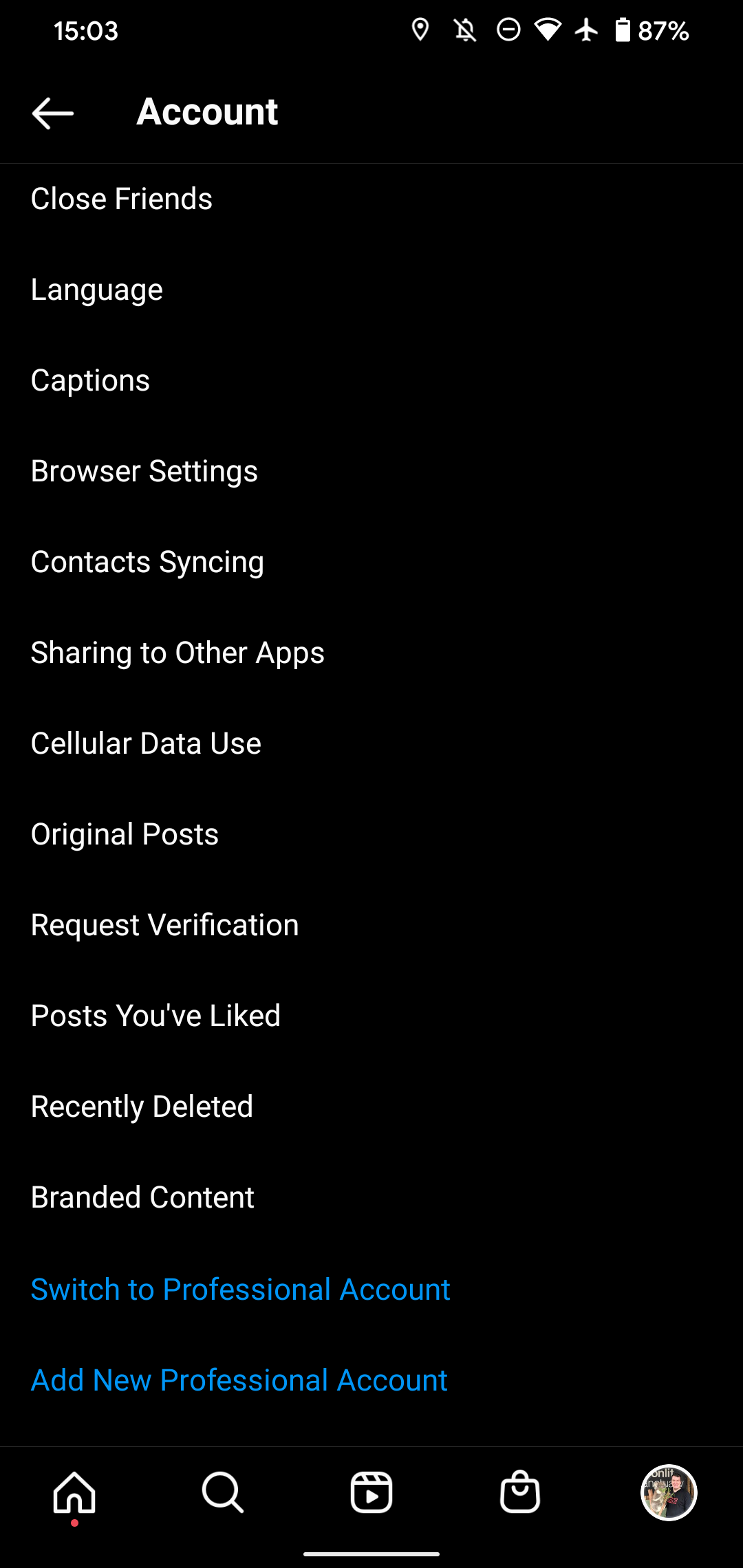 Android Instagram Account Options
