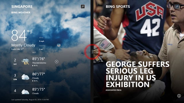 Окно Snap View с разделителем: можно менять размеры перетаскиванием или двойным щелчком