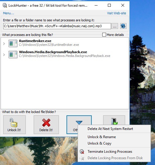 LockHunter предлагает опции для обработки блокировок