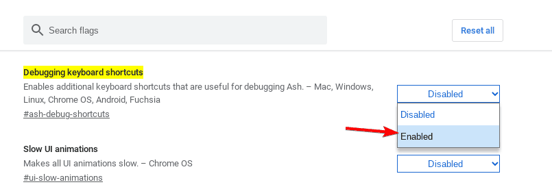 Включение отладки сочетаний клавиш в Chrome OS