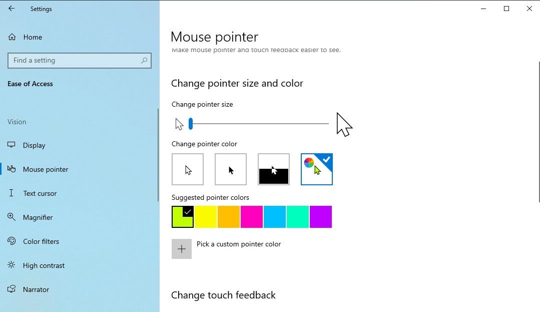Выбор цвета указателя мыши в настройках