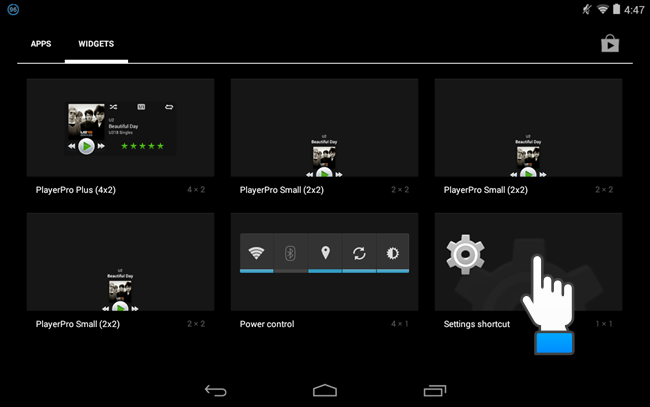 Выберите виджет-ярлык настроек