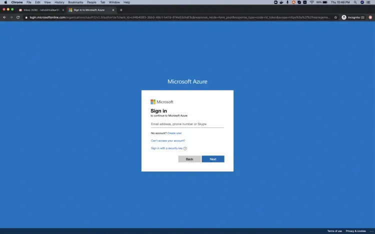 Форма авторизации Azure
