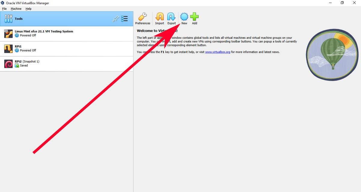 Интерфейс VirtualBox с выделенной кнопкой New
