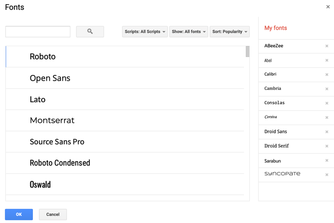 Окно с доступными шрифтами в Google Docs
