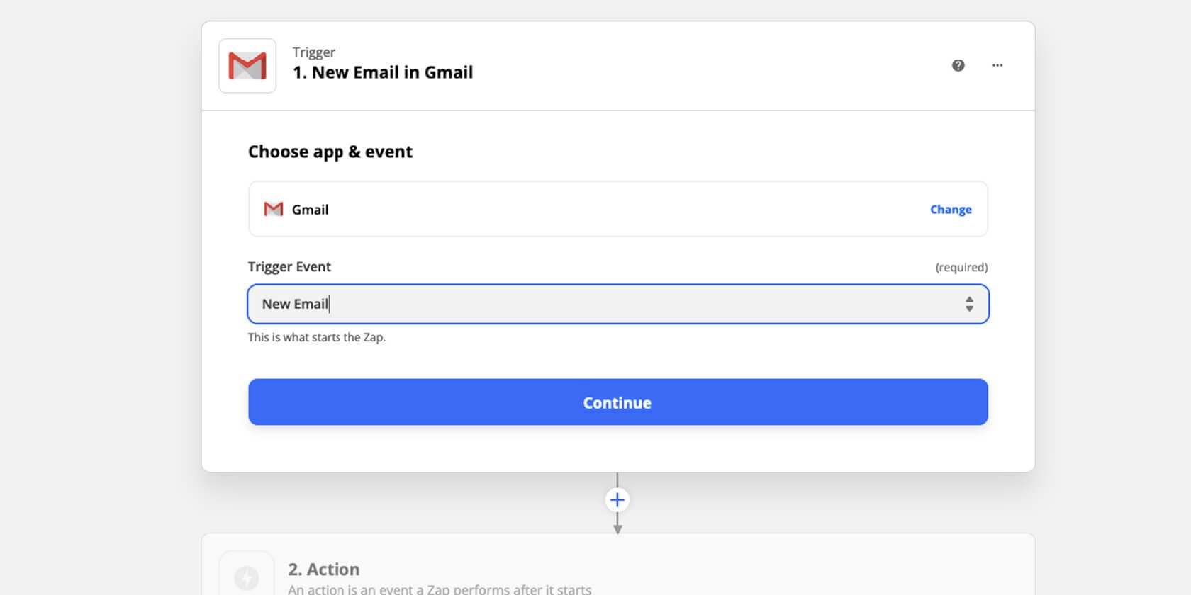Выбор триггера 'New Email' в Gmail для Zapier