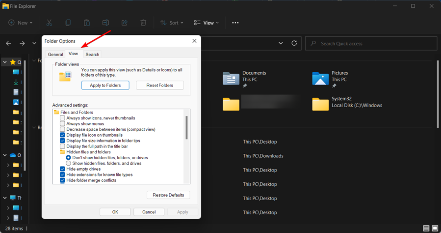Диалог Параметры папок — вкладка Вид