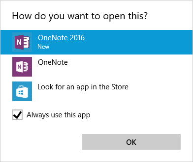 Выбор OneNote в списке приложений для открытия заметок