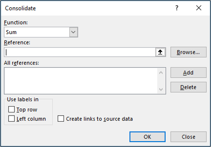Окно инструмента «Консолидация» в Excel