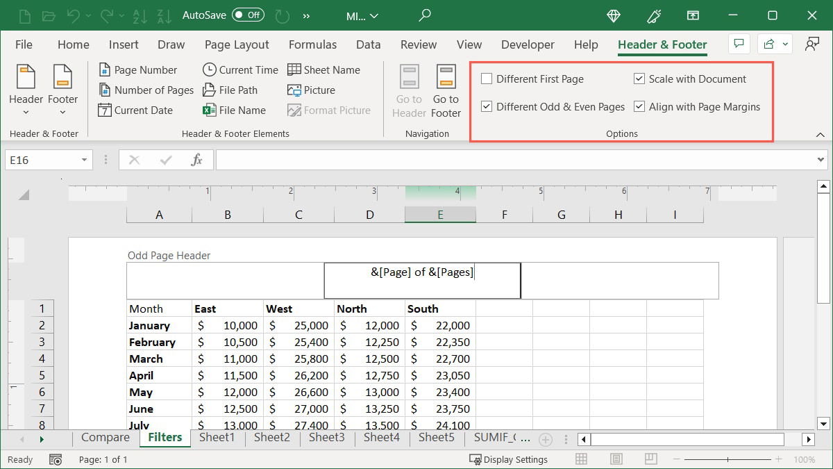 Header Options in Excel
