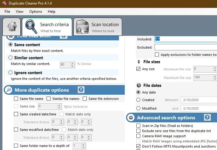Критерии поиска в Duplicate Cleaner Pro