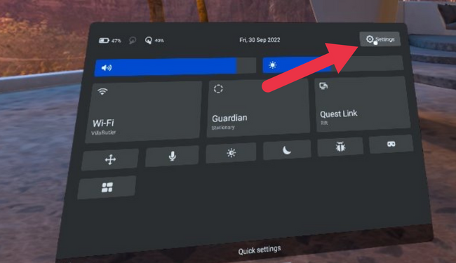 Скриншот с ярлыком настроек Quest и иконкой шестерёнки.