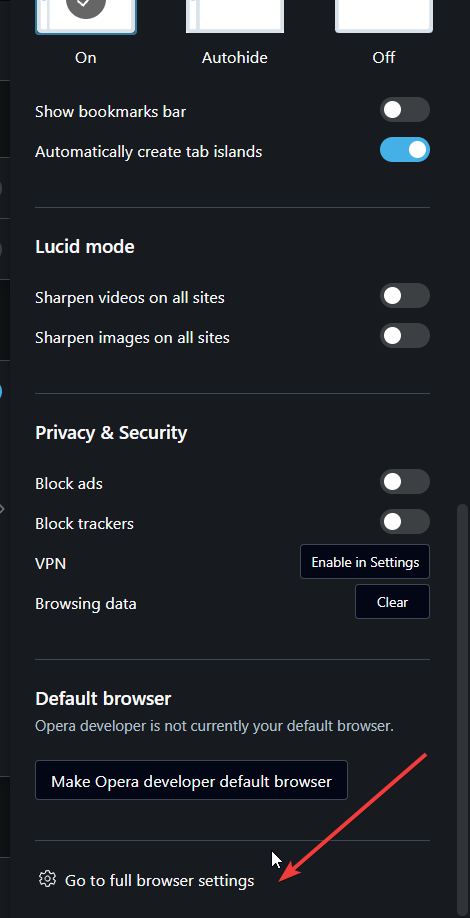 Снимок экрана: переход к полным настройкам Opera One