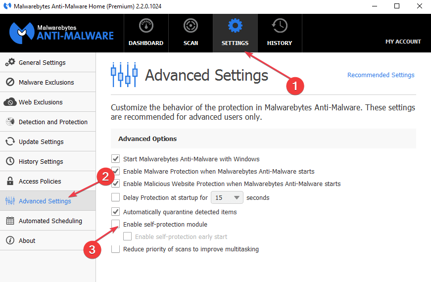 Настройки Malwarebytes — отключение модуля самозащиты