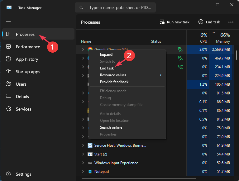 Окно Диспетчера задач с процессами