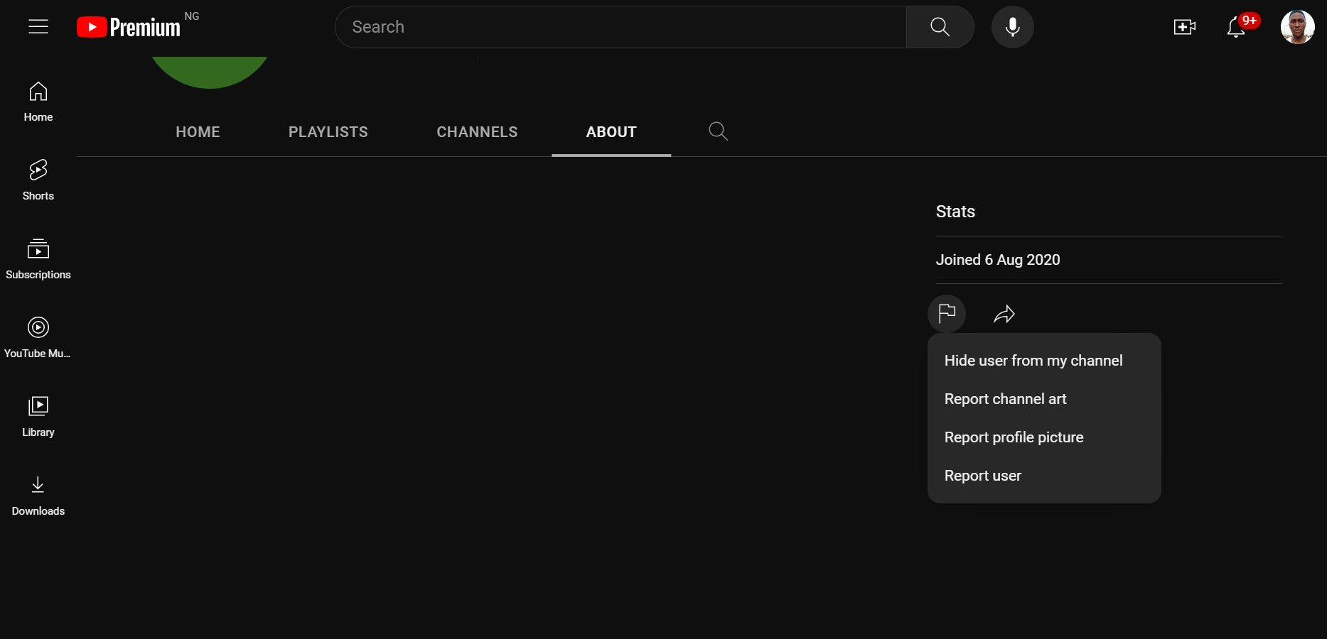 Опция «Скрыть пользователя с канала» на странице канала пользователя