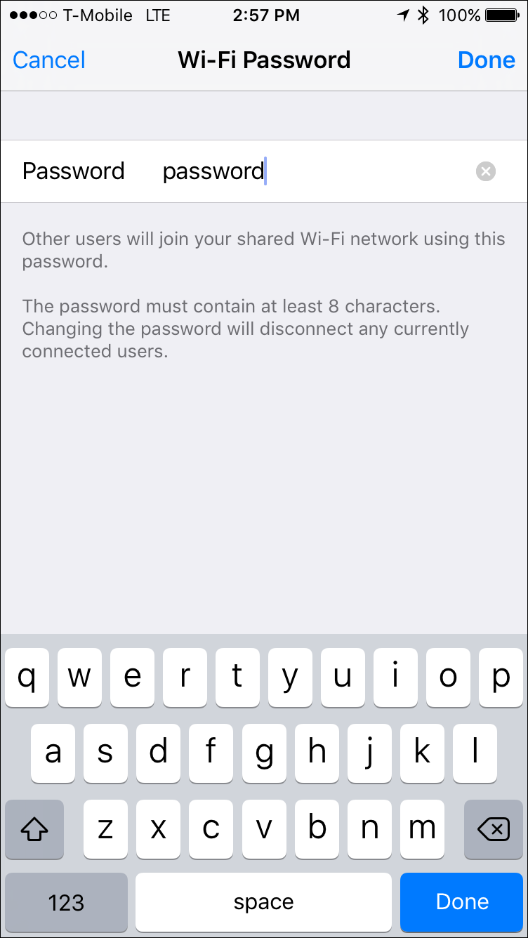 Поле для установки пароля Wi‑Fi на iPhone