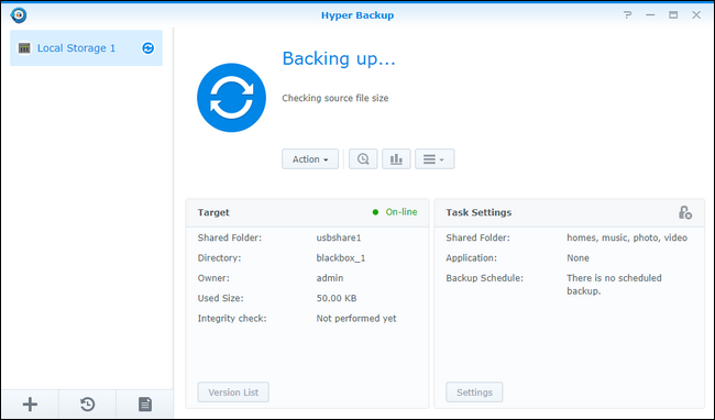 Экран прогресса Hyper Backup