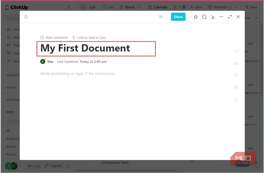 Добавление заголовка в ClickUp Doc