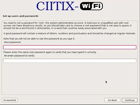 Экран ввода паролей и учетных данных администратора