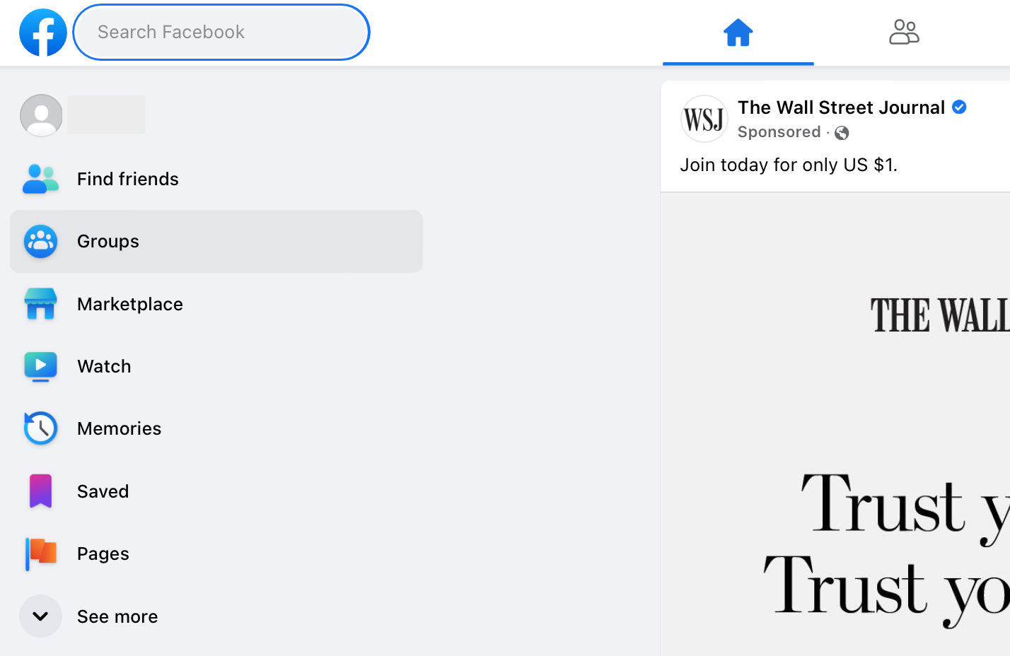 Вкладка «Группы» в Facebook