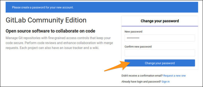 Форма ввода мастер‑пароля root для GitLab