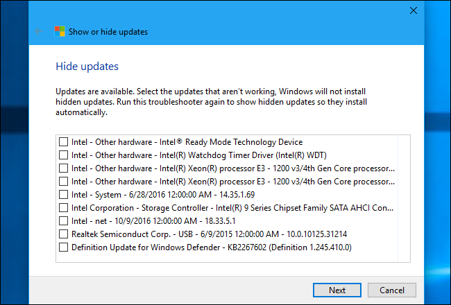 Скриншот: утилита «Show or hide updates» с опцией скрытия обновлений