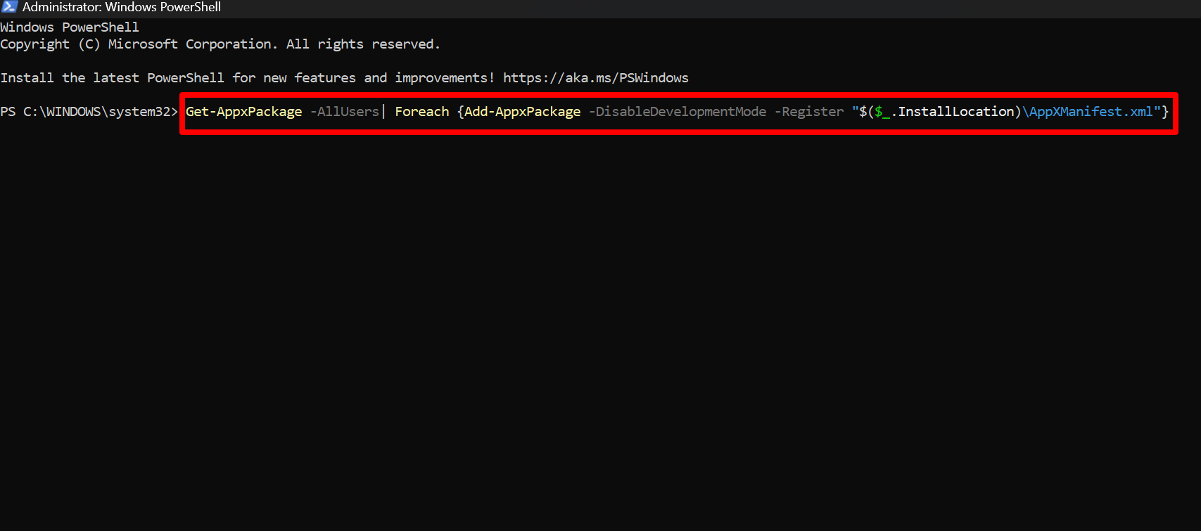Восстановление удалённых системных приложений командой PowerShell