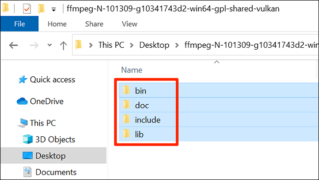 Файлы и папки пакета FFmpeg, готовые к копированию