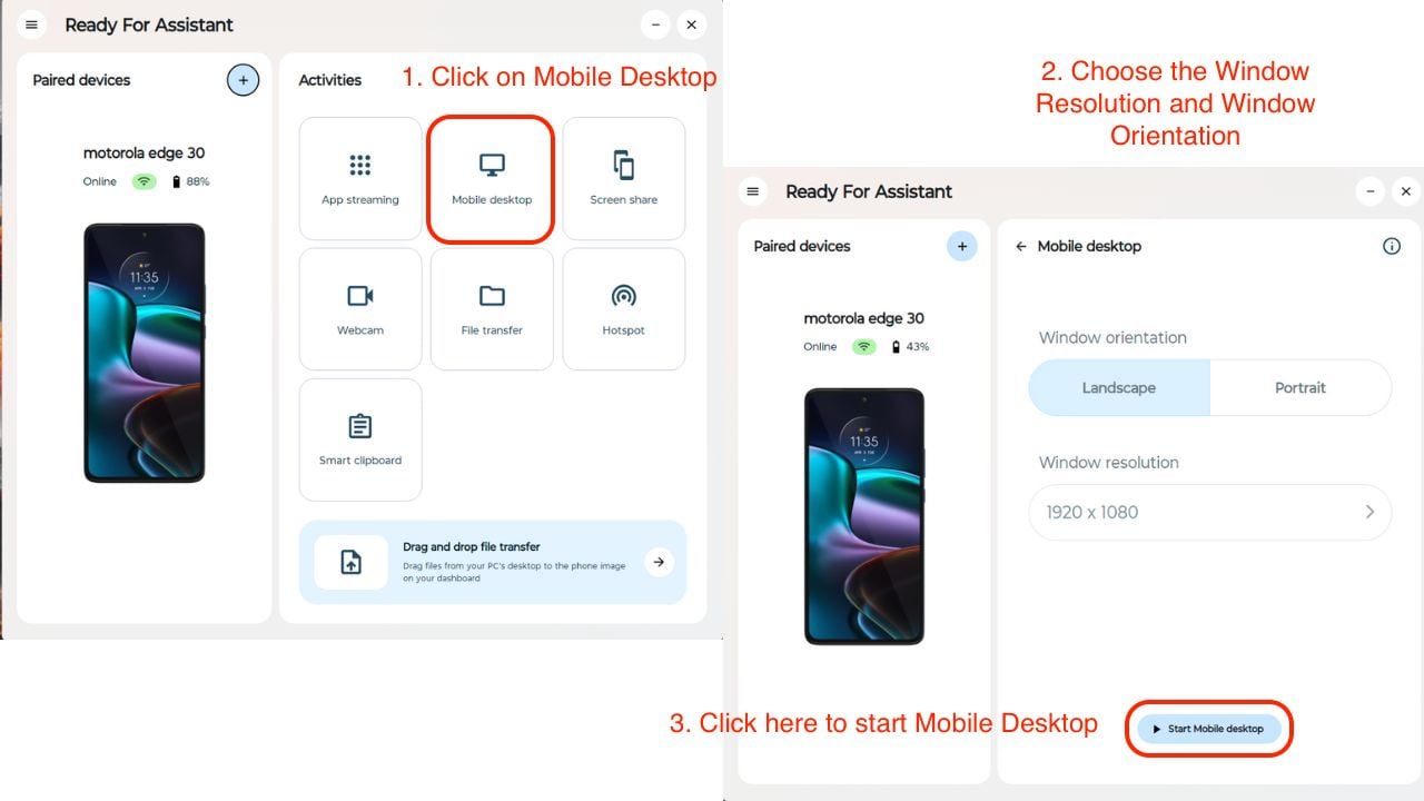 Изображение: Включение Mobile Desktop в Ready For с выбором разрешения