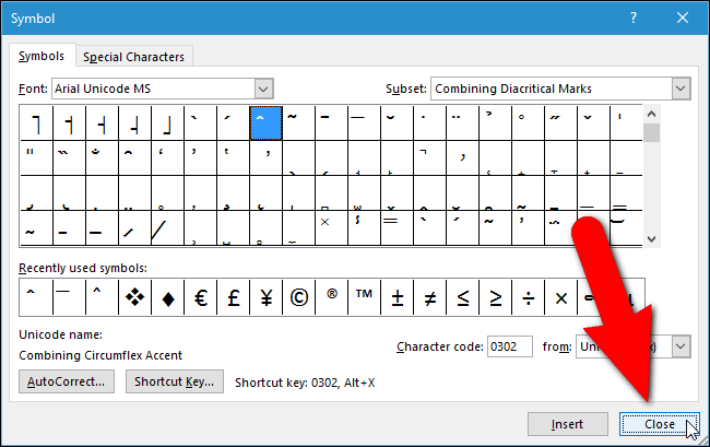Кнопка Закрыть в диалоге Символ
