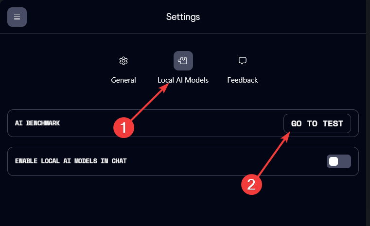 Sezione Local AI Models con il pulsante 'Go to test' evidenziato