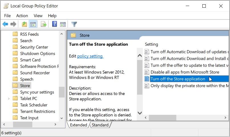 Окно редактора локальной групповой политики: настройка отключения Microsoft Store