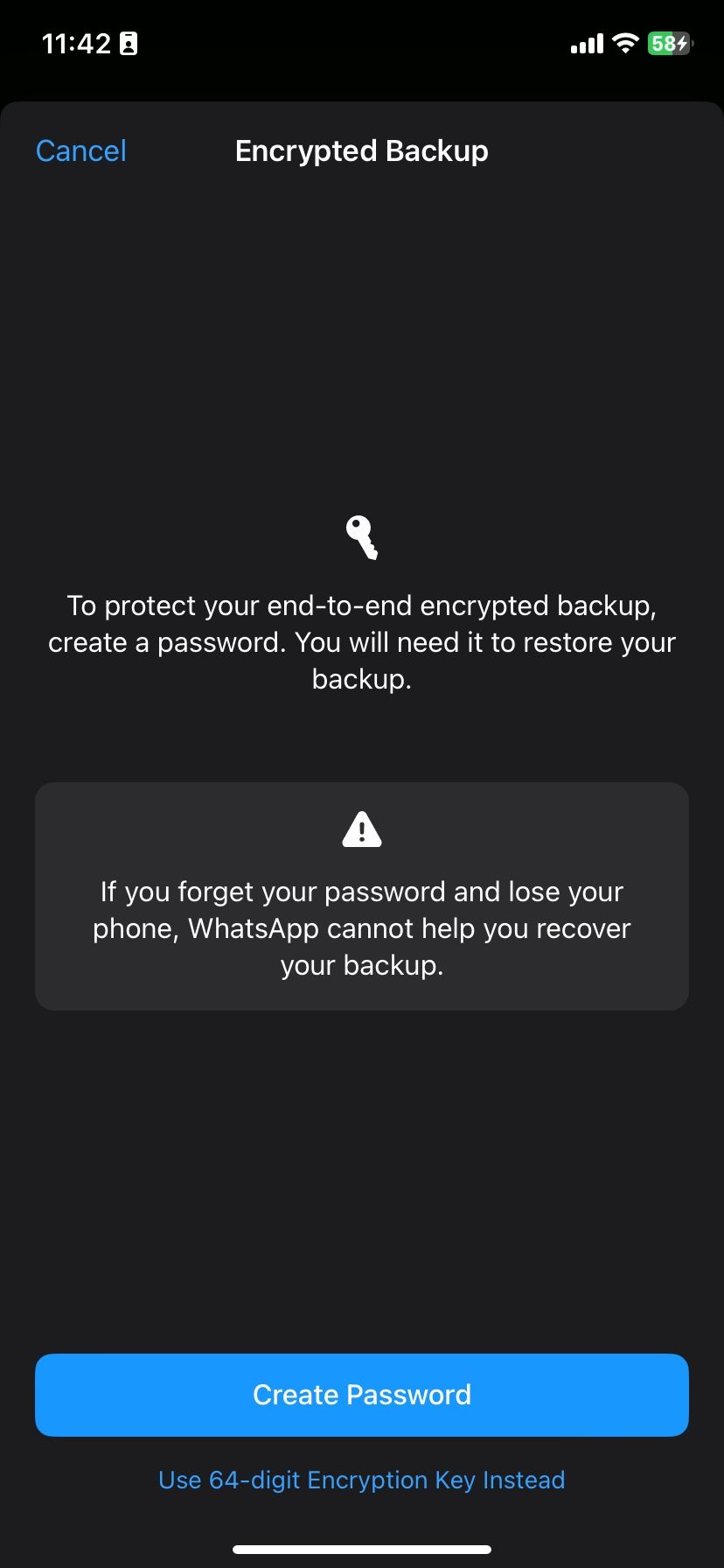 Параметры шифрования резервных копий WhatsApp