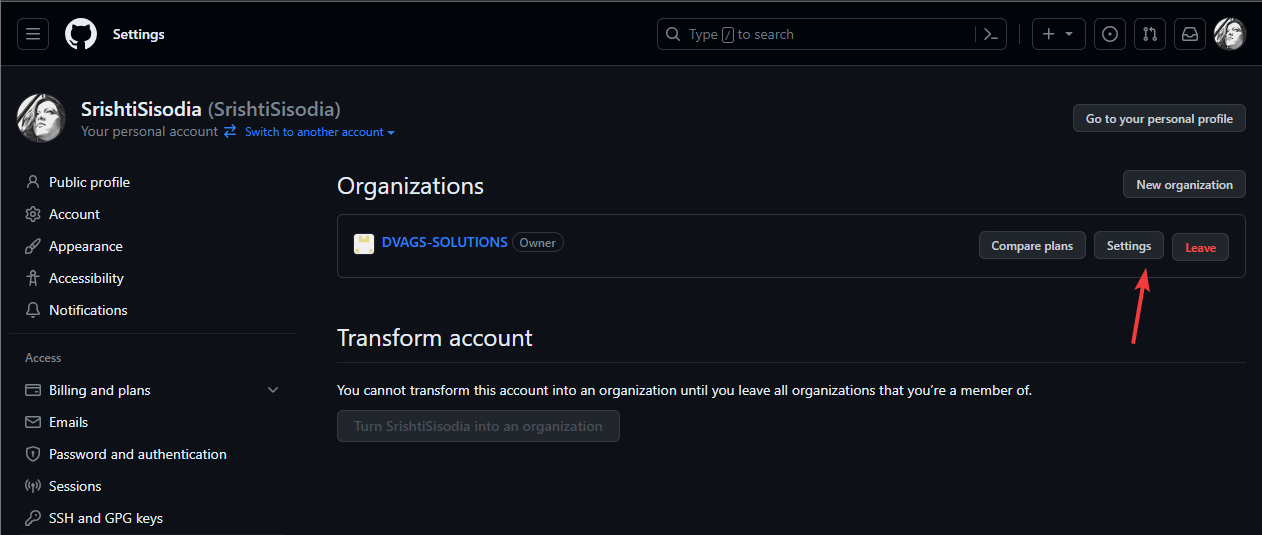 Ссылка «Settings» рядом с названием организации