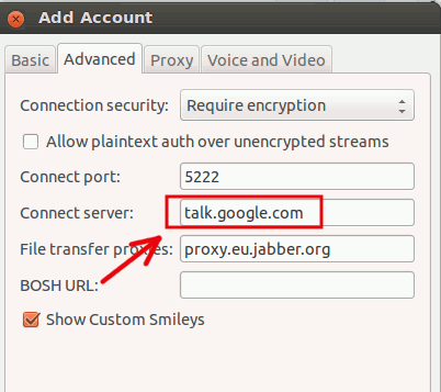 Окно Pidgin — расширенные настройки подключения