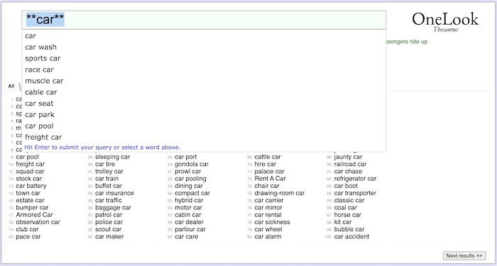 Поиск фраз по ключевому слову «car» и фильтрация по commonness