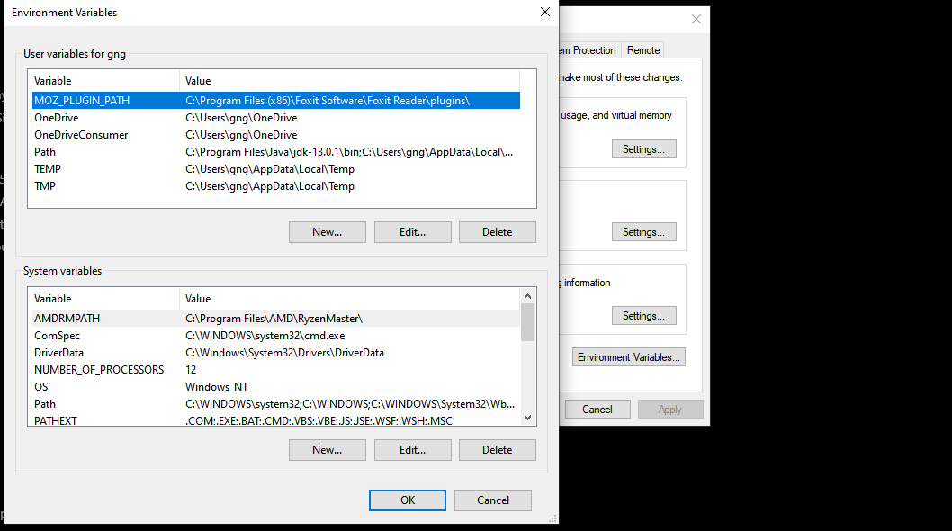 Панель Переменные среды с разделением на пользователи и систему