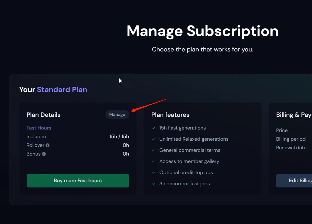 Pulsante Manage accanto ai dettagli del piano