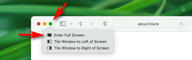 Наведение на зелёный круг: выбор «Перейти в полноэкранный режим».