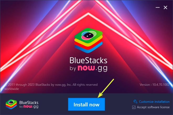 Запуск установщика BlueStacks — Install now